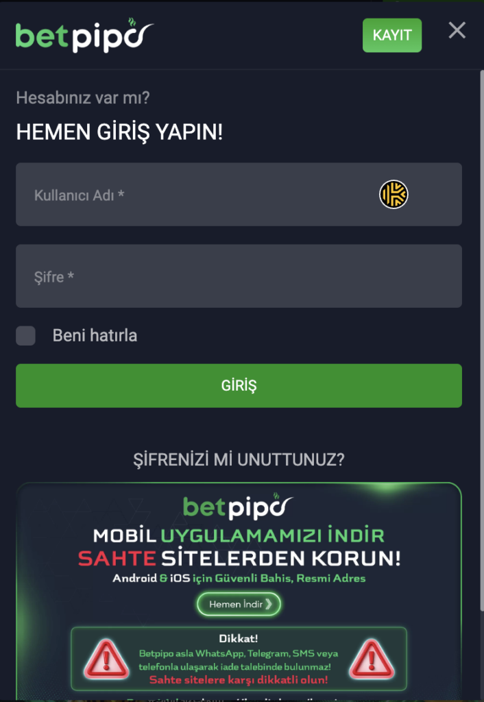 Betpipo Mobil Giriş Ekranı